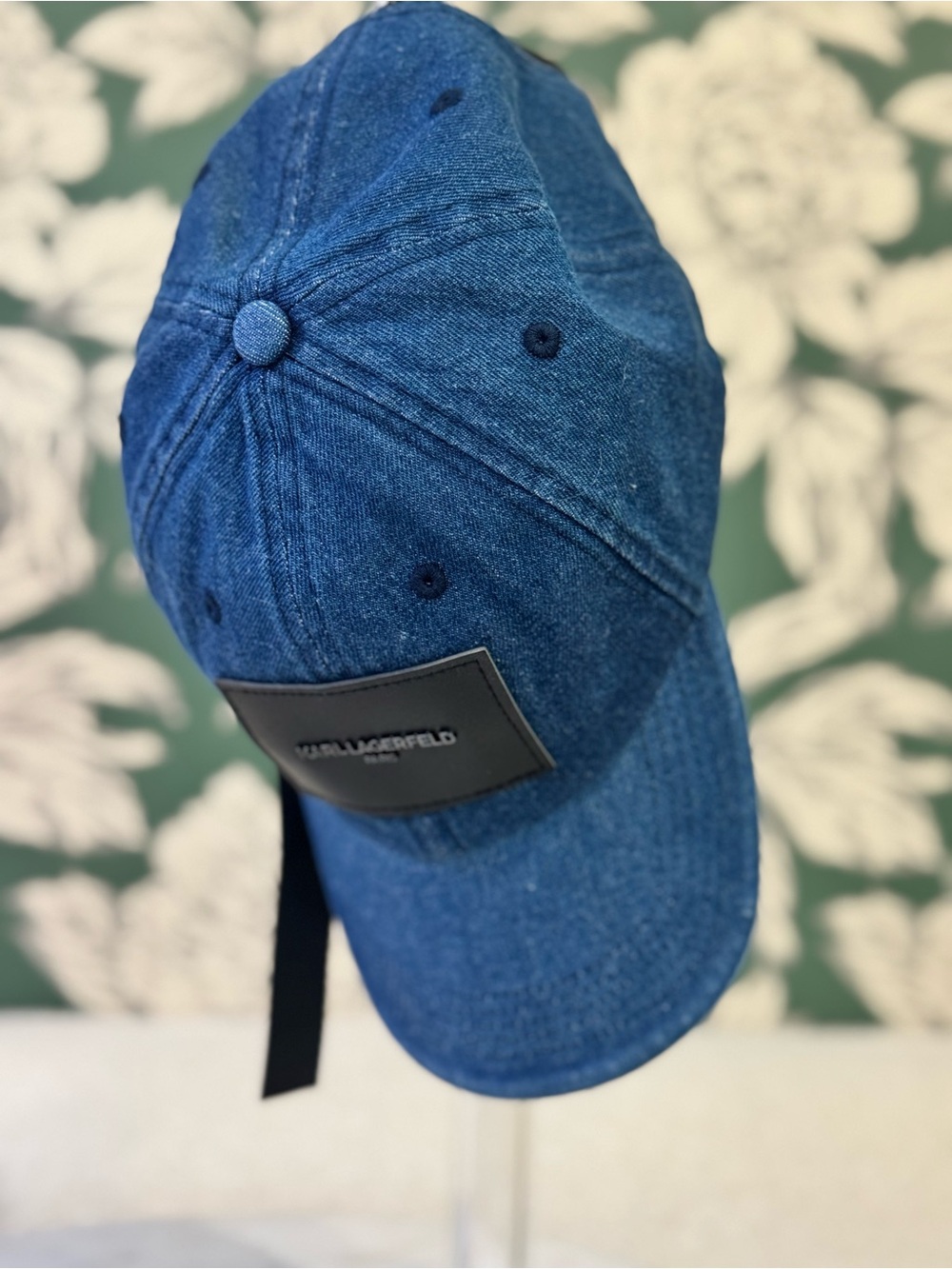 Karl Lagerfeld Denim Cap with Black Leather Patch NWOT